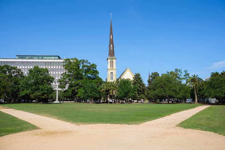 Cityscape of Marion Square in the historic downtown district in Charleston, South Carolina