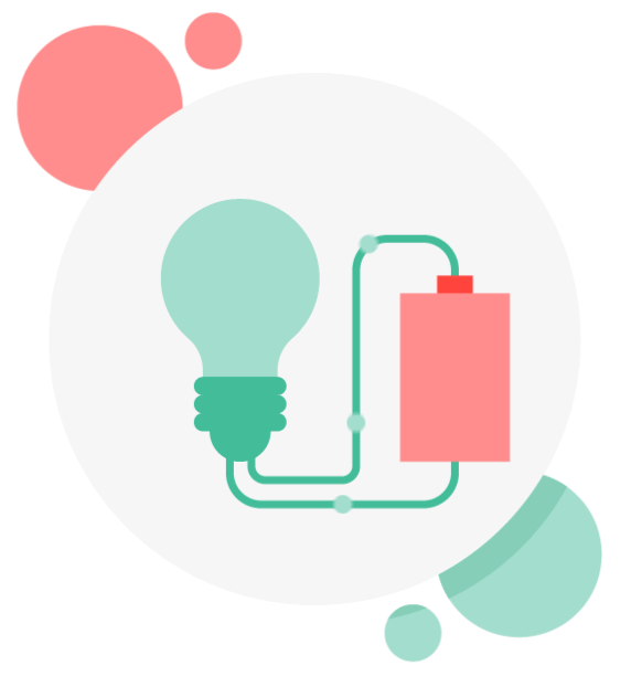 Electricity exchanged between red battery and green light bulb with red and green circles in the background.